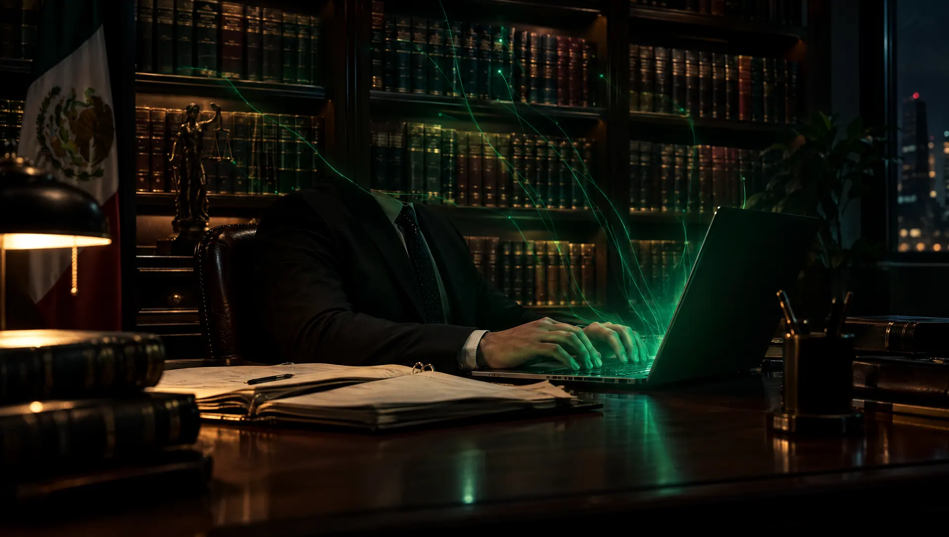 Abogado trabajando de noche en su despacho con una laptop que emite luz verde