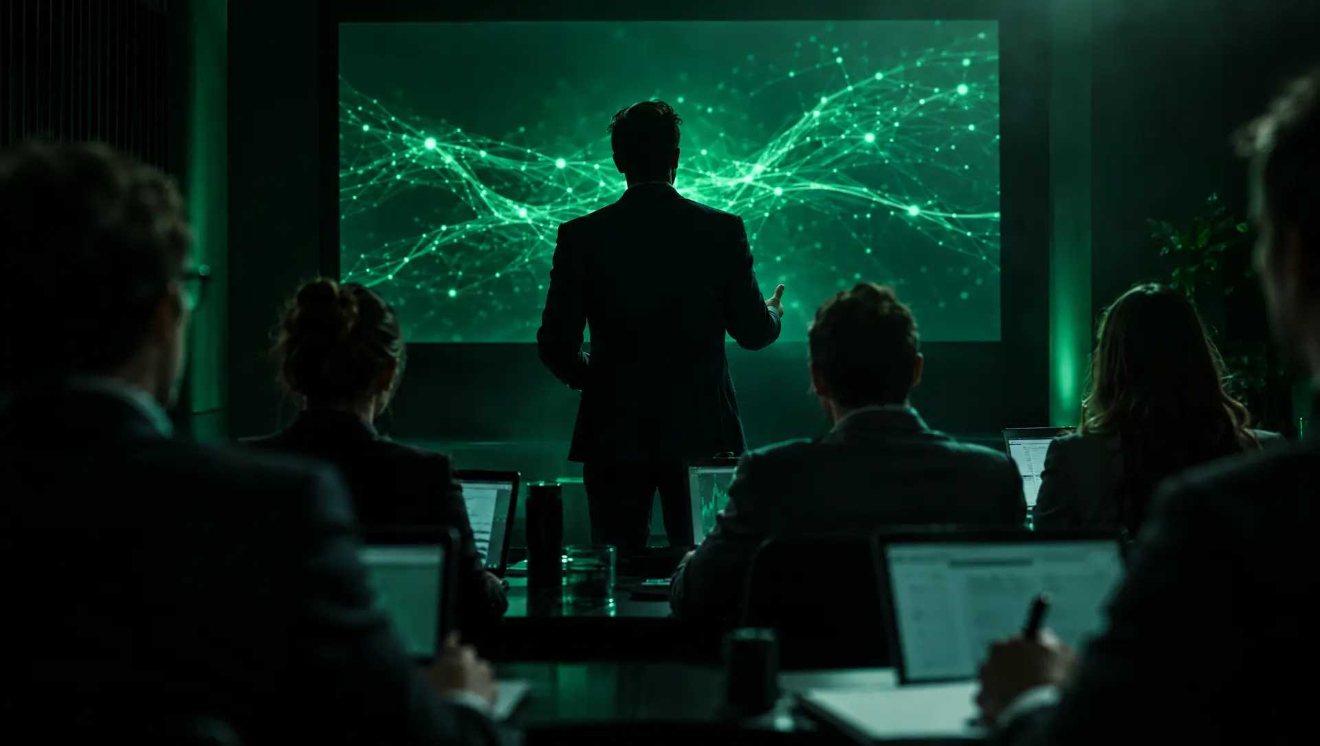 Instructor frente a una pantalla con redes de luz verde durante una sesión de capacitación