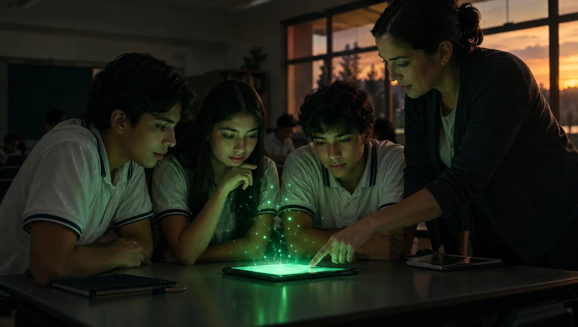Estudiantes de preparatoria y su maestra alrededor de una tableta