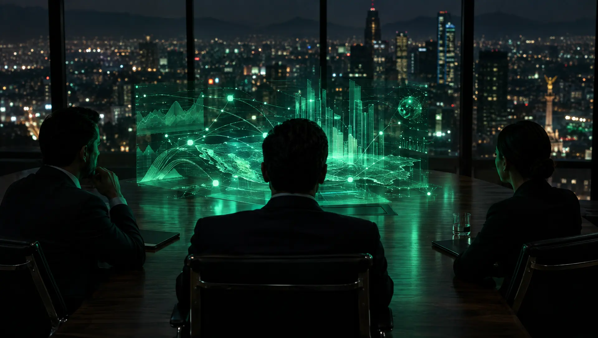 Directivos frente a una visualización de datos holográfica en una sala de juntas de noche