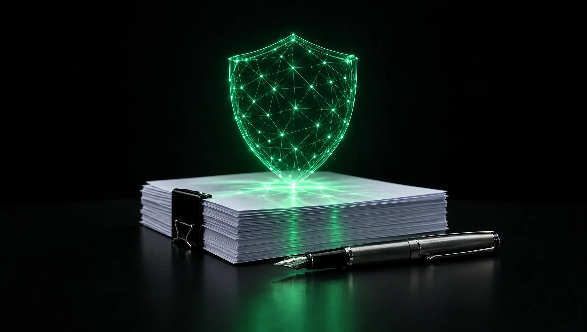 Escudo de luz verde sobre documentos de política corporativa