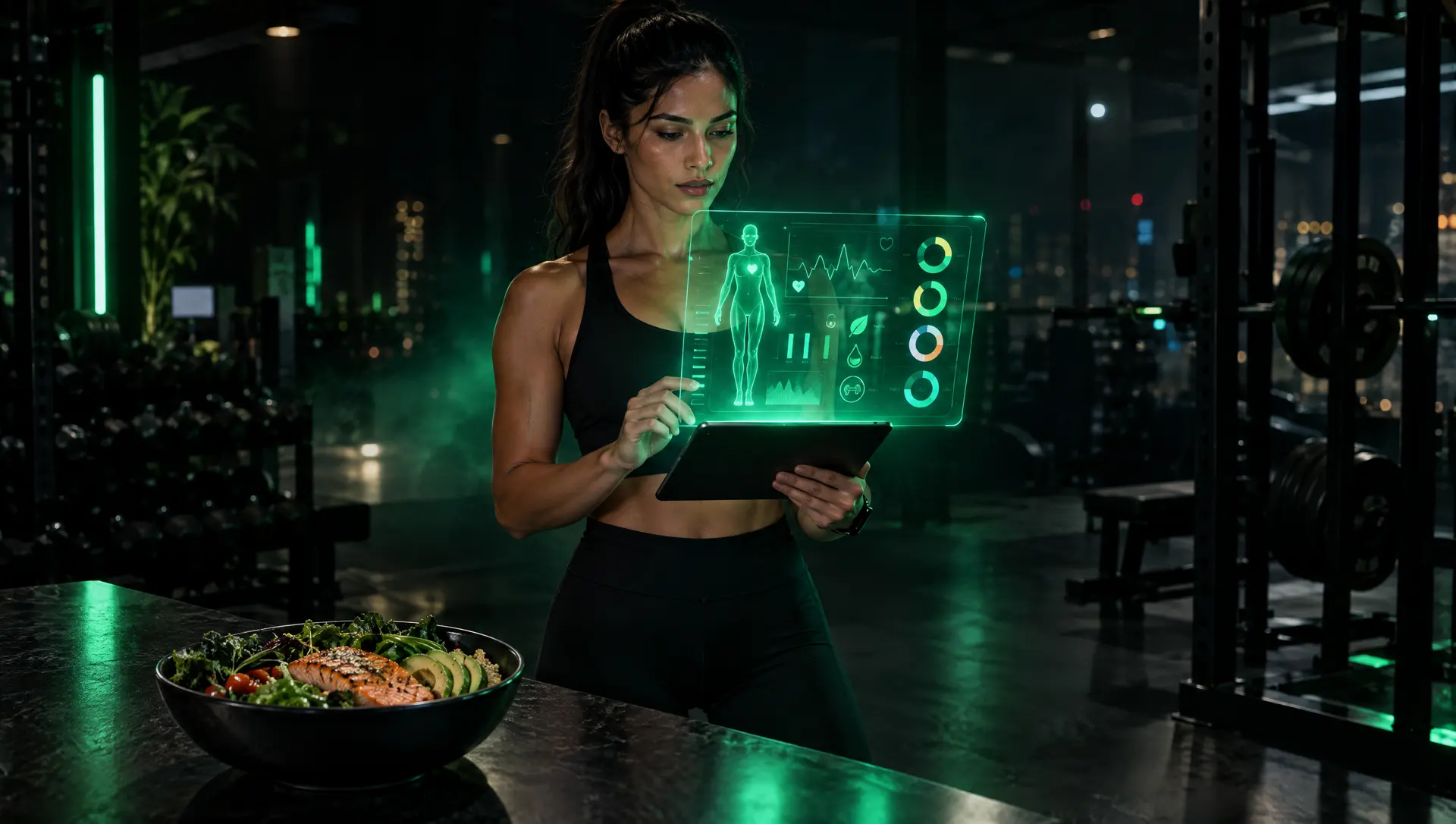 Entrenadora consultando un panel holográfico de métricas junto a un plato saludable