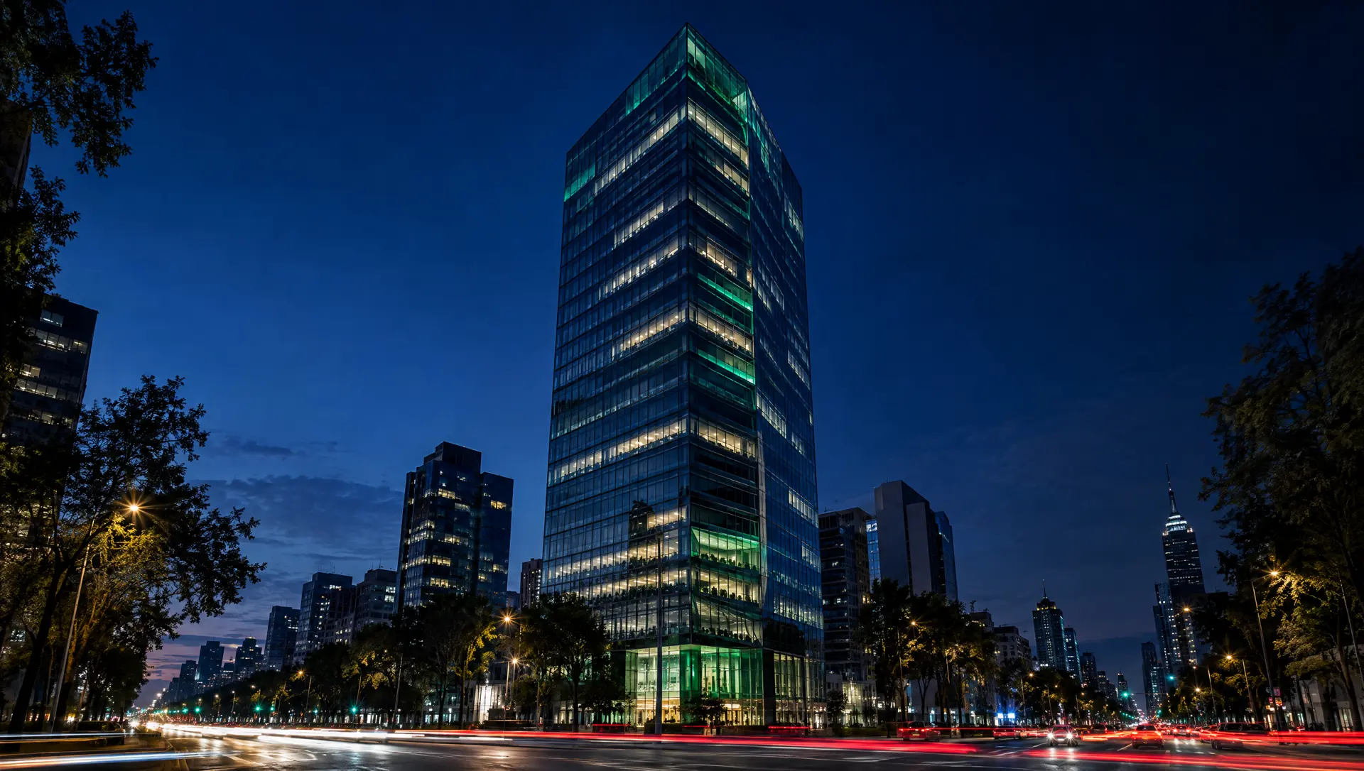 Torre de oficinas de cristal iluminada de noche sobre una avenida de la Ciudad de México