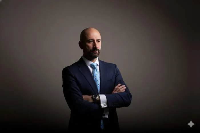 Jaime Tacher de traje azul marino y brazos cruzados, retrato de estudio
